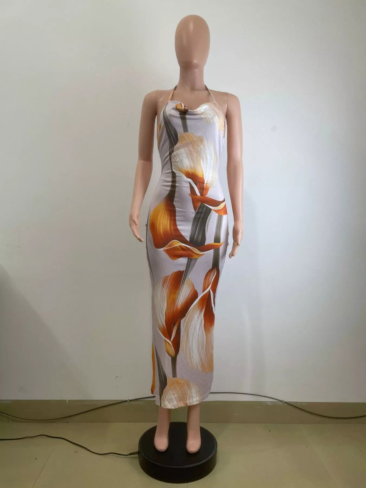 Floral Print Cowl Neck Backless Maxi Dress in Ochre