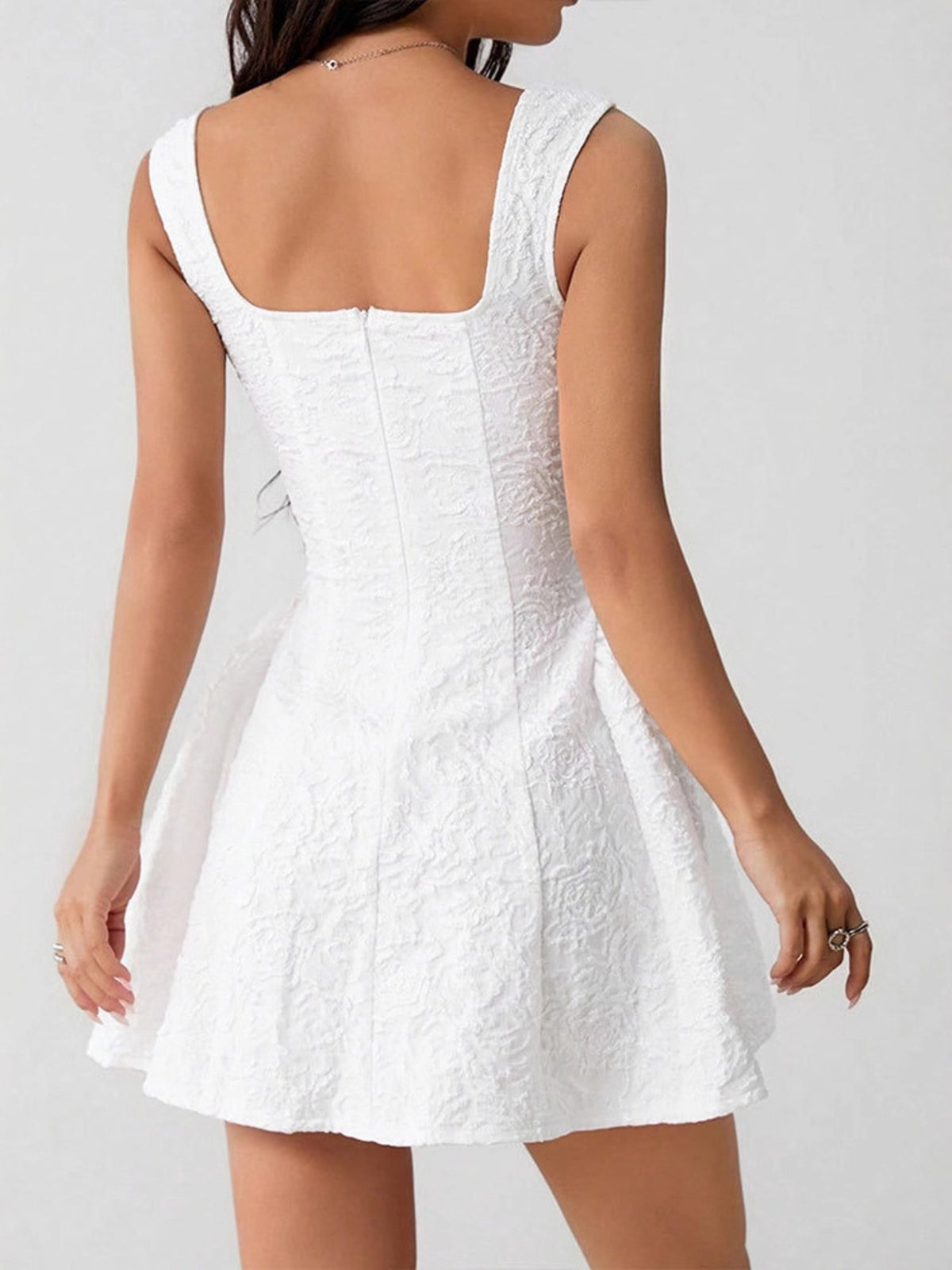 Textured Square Neck Mini Dress in White