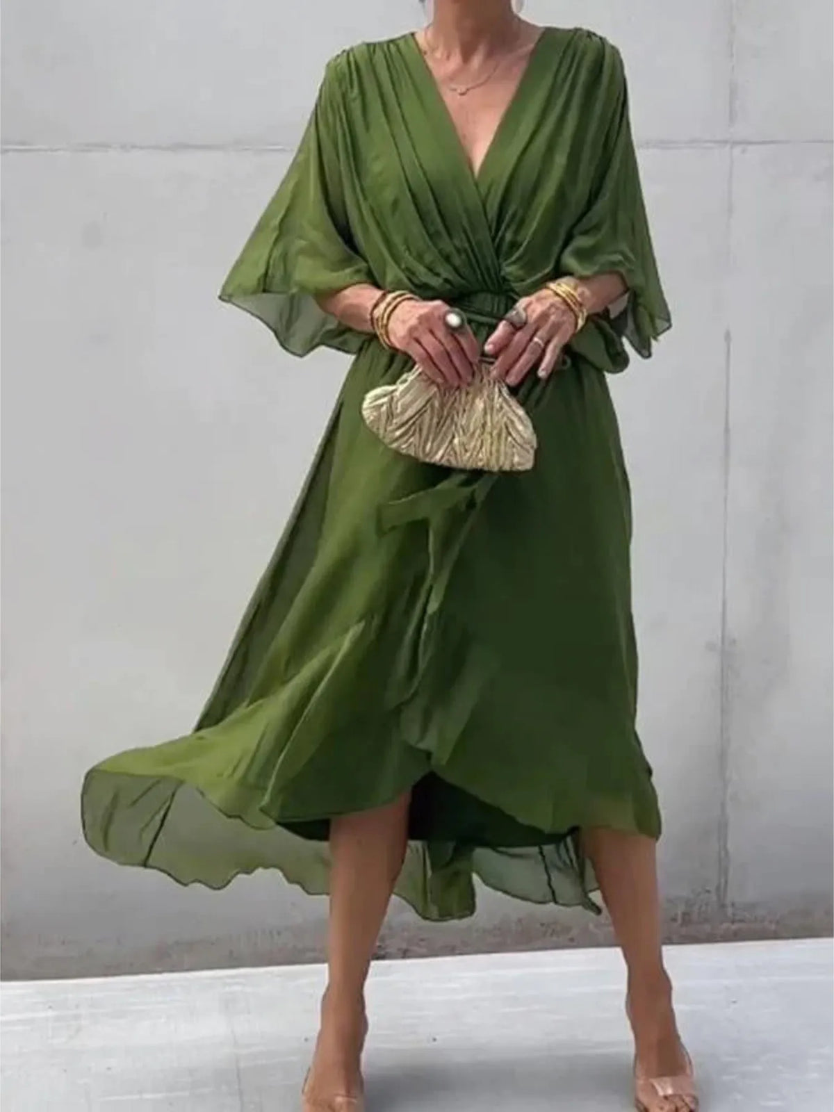 Flowy Tie-Front Midi Dress with Flutter Sleeves