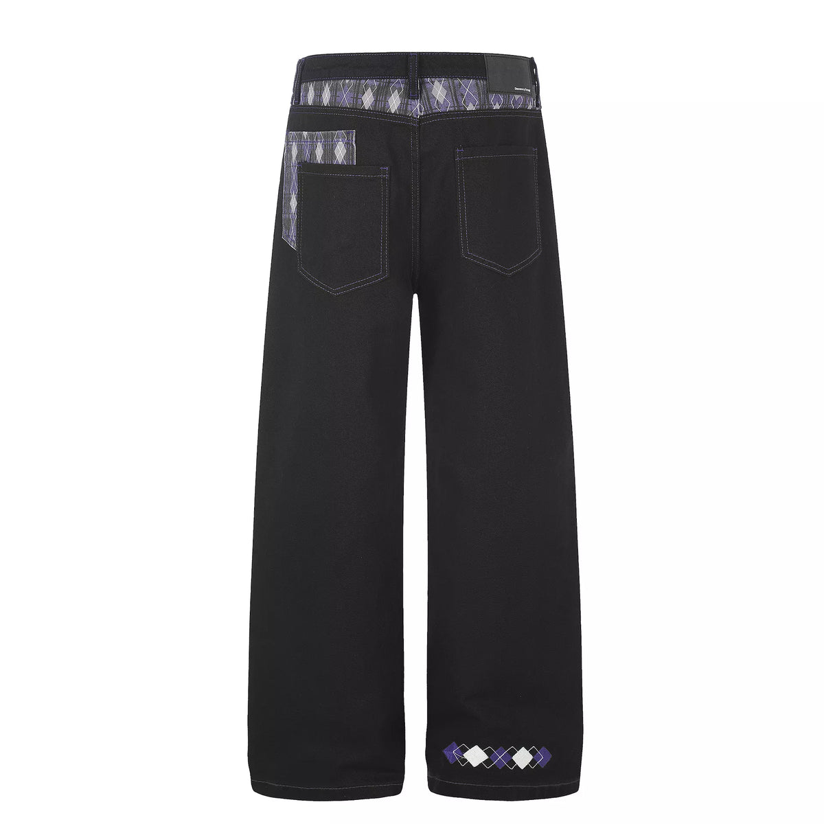 High-Waisted Wide-Leg Jeans with Argyle Accents in Black by TrendMaster