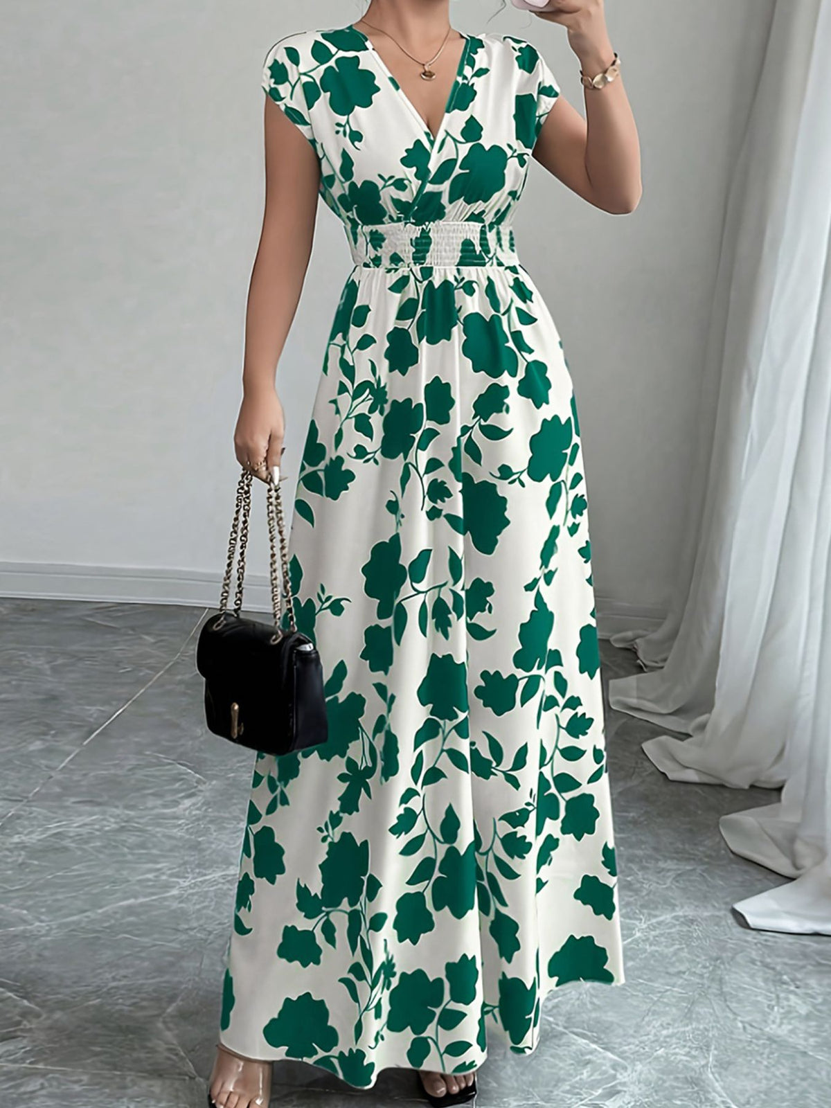 Printed Surplice Cap-Sleeve Maxi Dress