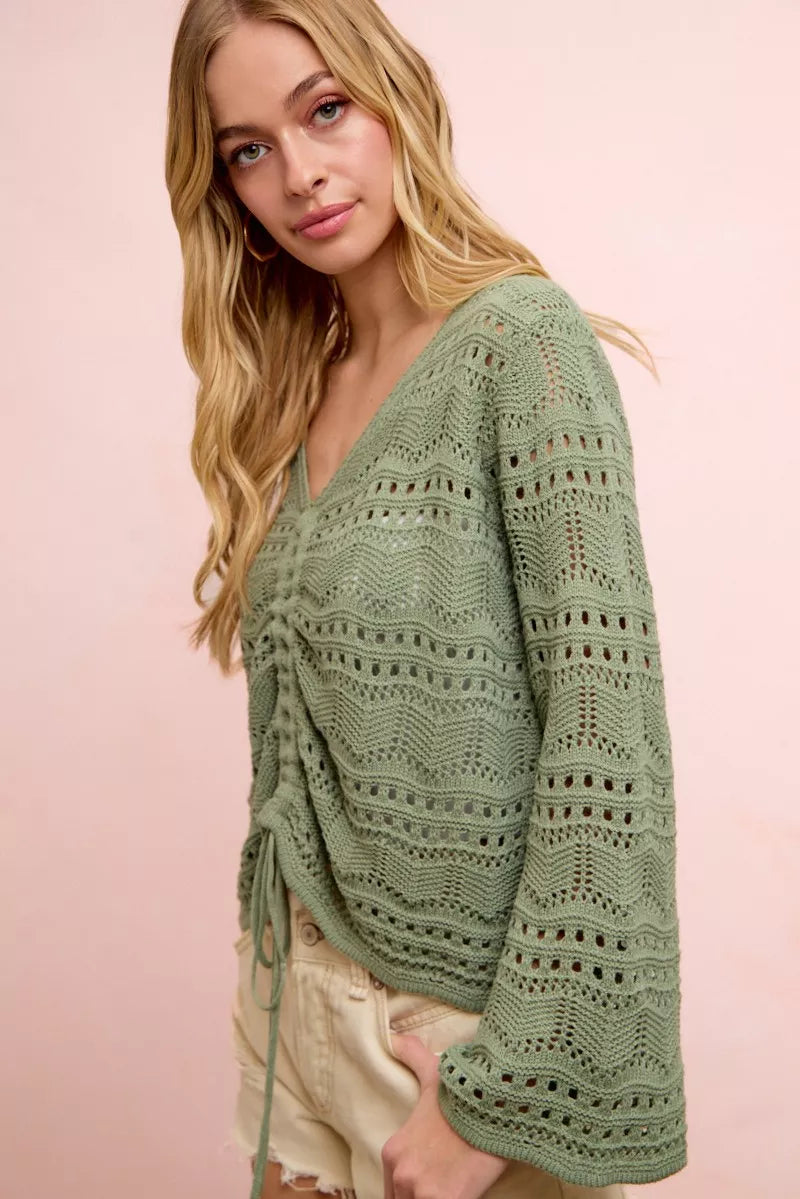 Pointelle V-Neck Ruched Top in Sage Green by BiBi