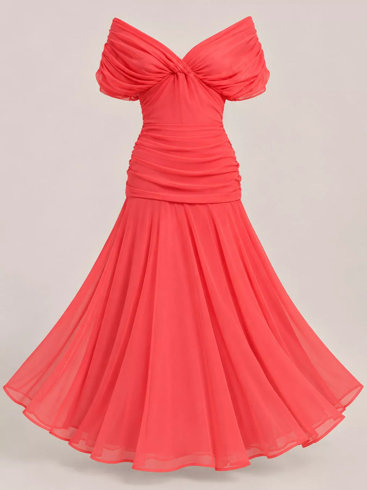 Off-Shoulder Ruched Tulle Evening Maxi Dress