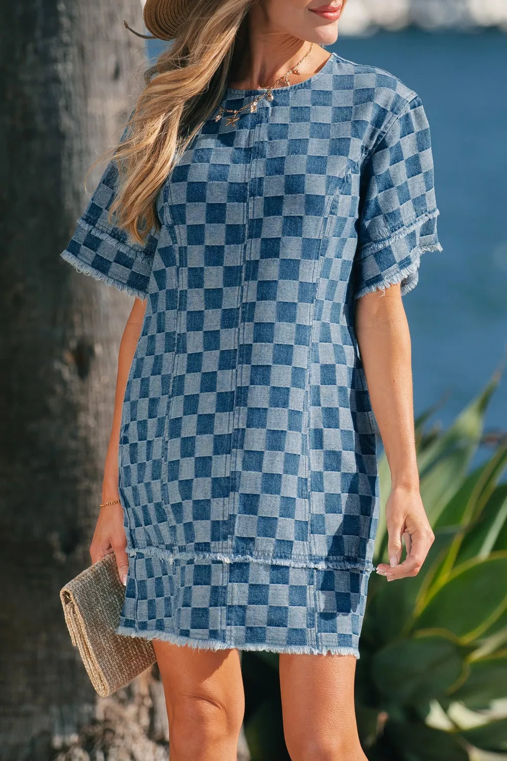 Frayed Hem Checkered Denim Mini Dress in Medium