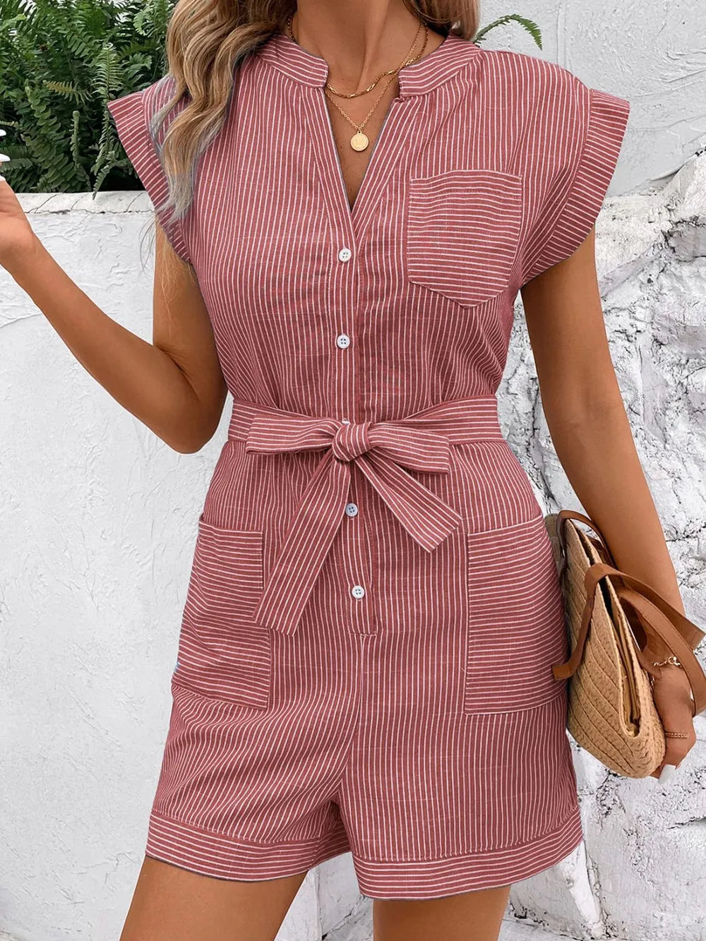Notched Collar Striped Tie-Waist Romper