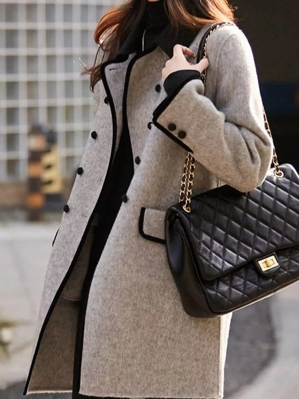 Double-Breasted Coat with Contrast Trim in Gray