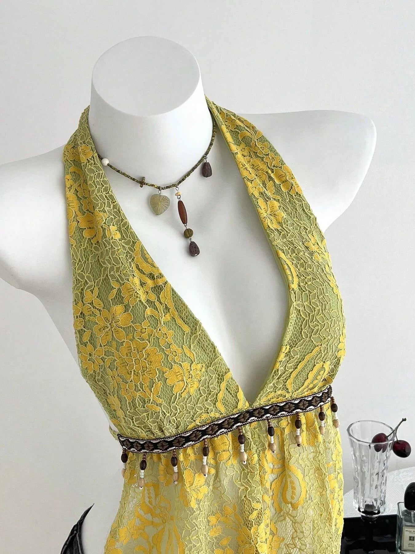 Lace Halter Neck Cami in Mustard Yellow