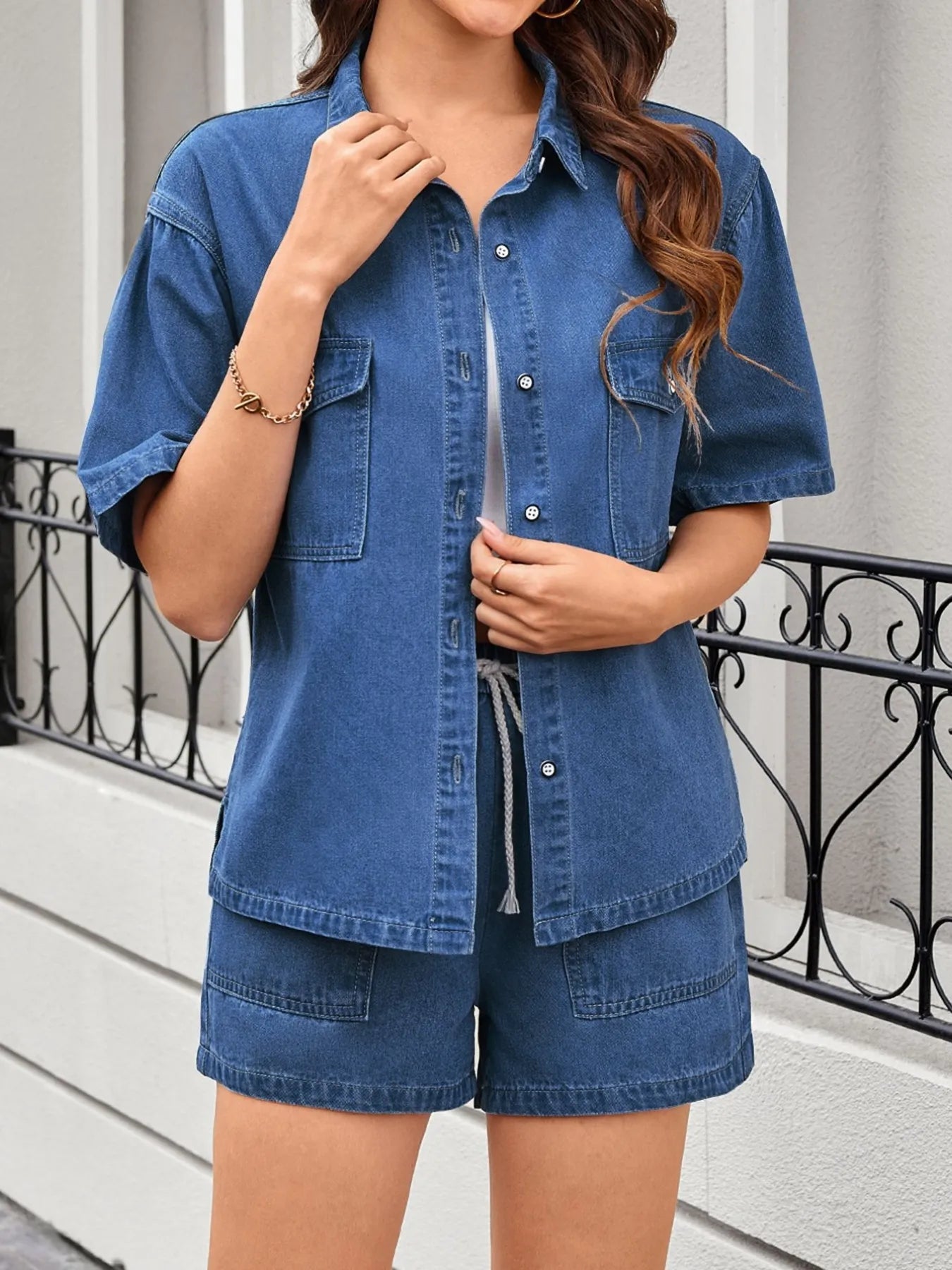 Drop Shoulder Denim Shirt & Shorts Set by Moni Wear