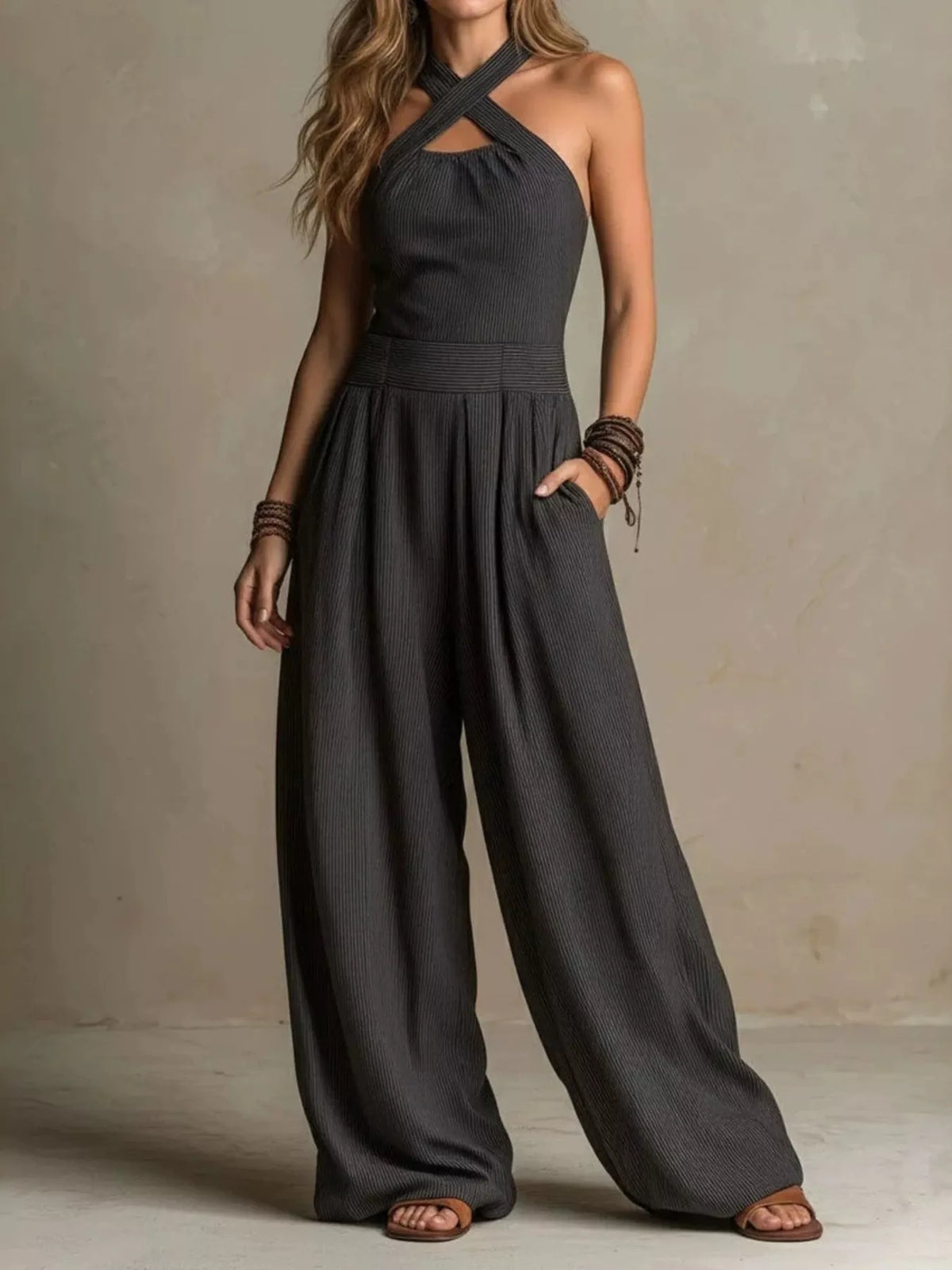 Halter Wide-Leg Jumpsuit with Pockets