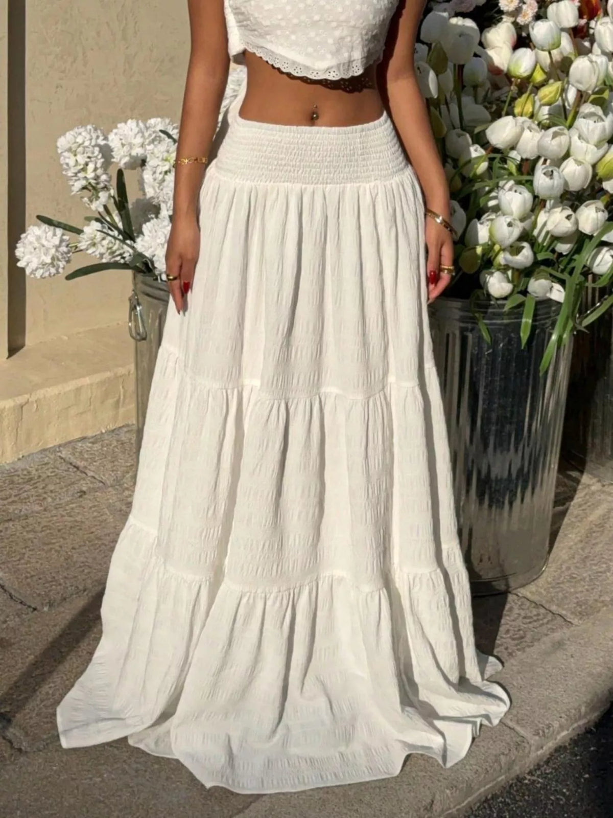 Smocked Tiered Maxi Skirt in White