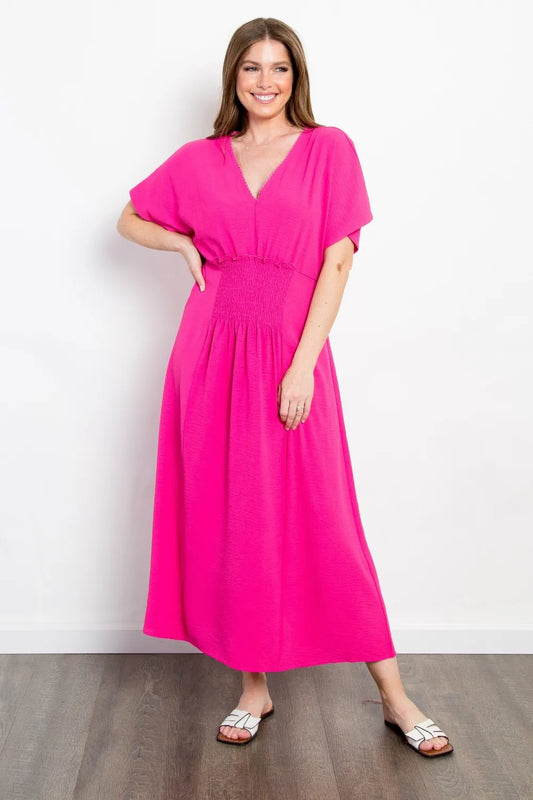 Smocked Short Sleeve Maxi Dress in Fuchsia