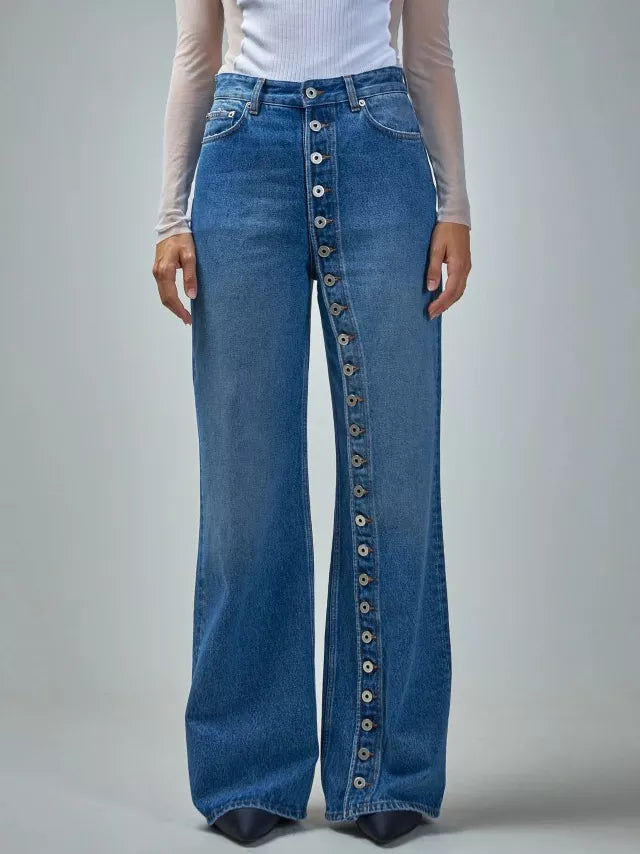 High-Waisted Asymmetric Button-Fly Wide-Leg Jeans in Dusty Blue by Invera