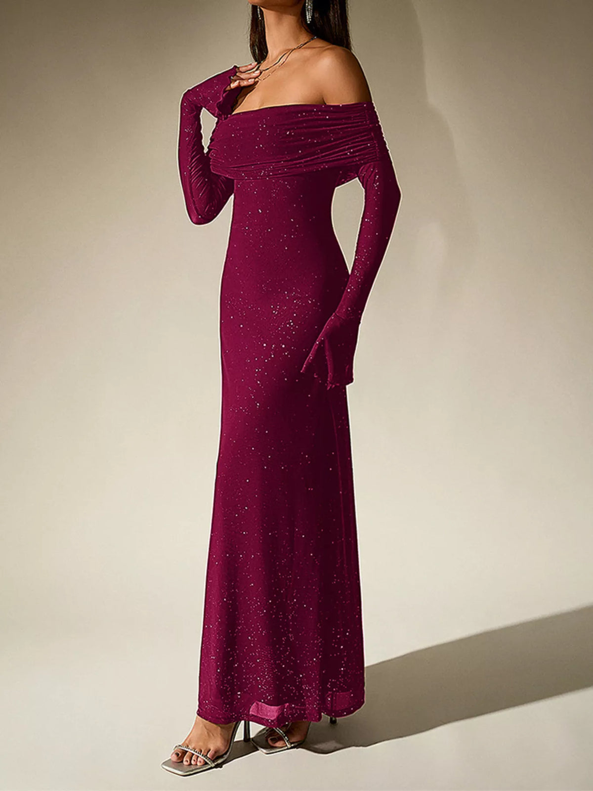 Glitter Off-Shoulder Maxi Dress