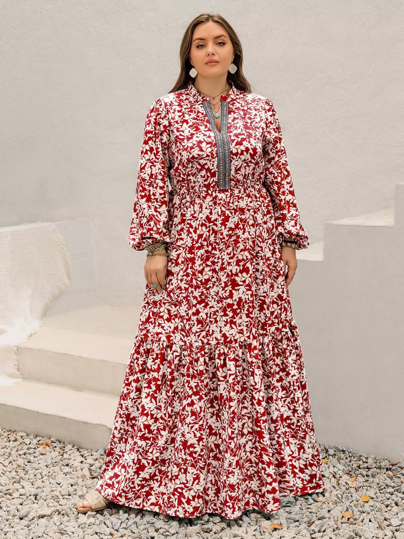 Floral Print Long Sleeve Maxi Dress in Deep Red