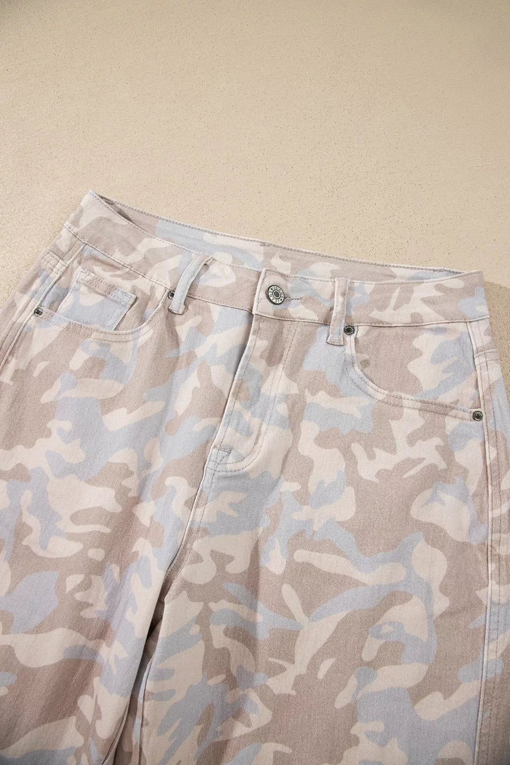Camouflage Print Ankle Barrel Jeans in Dust Storm