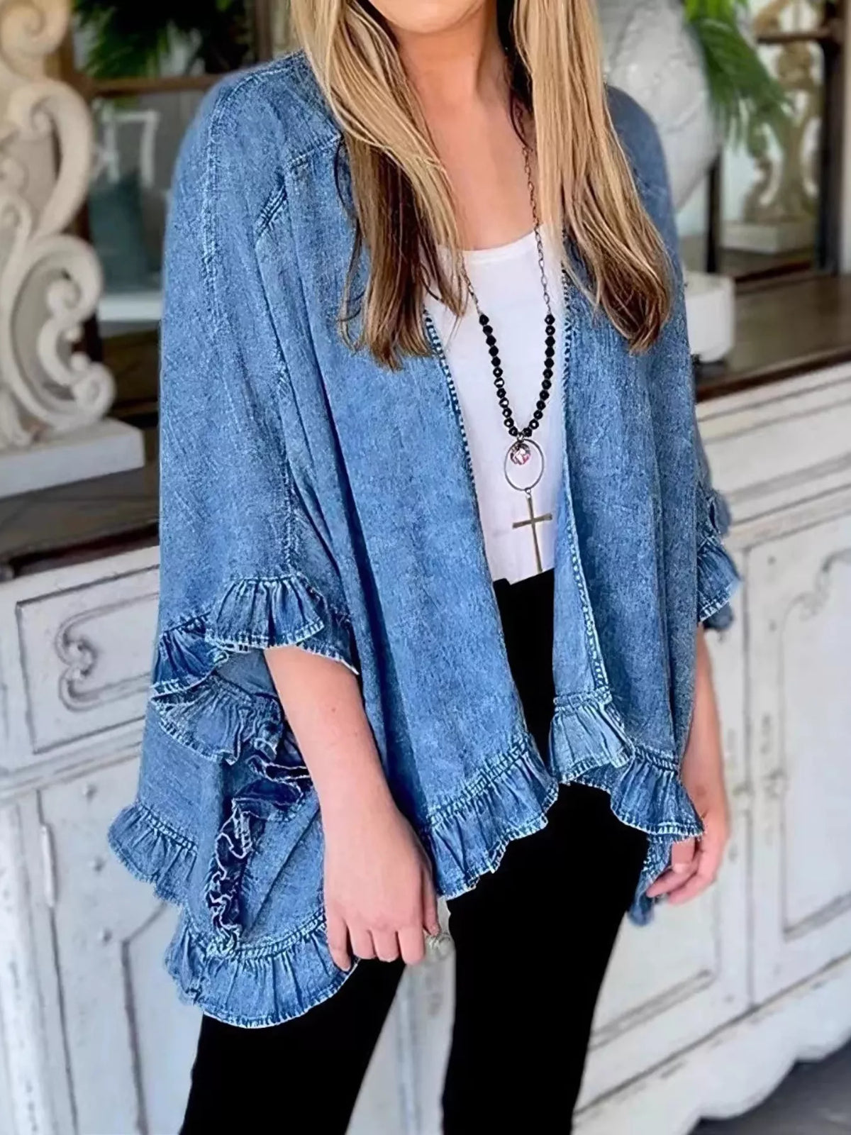 Ruffled Edge Denim Jacket in Royal Blue by Invera