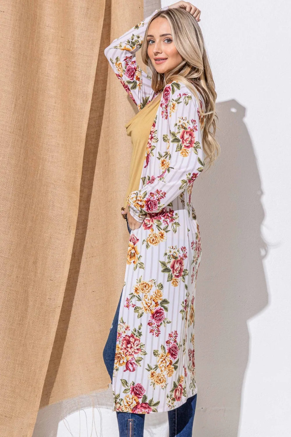 And The Why Floral Kimono Cardigan in Burgundy Stripe