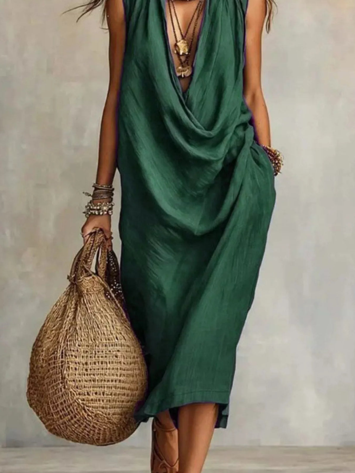 Sleeveless Drape-Neck Midi Dress with Pockets