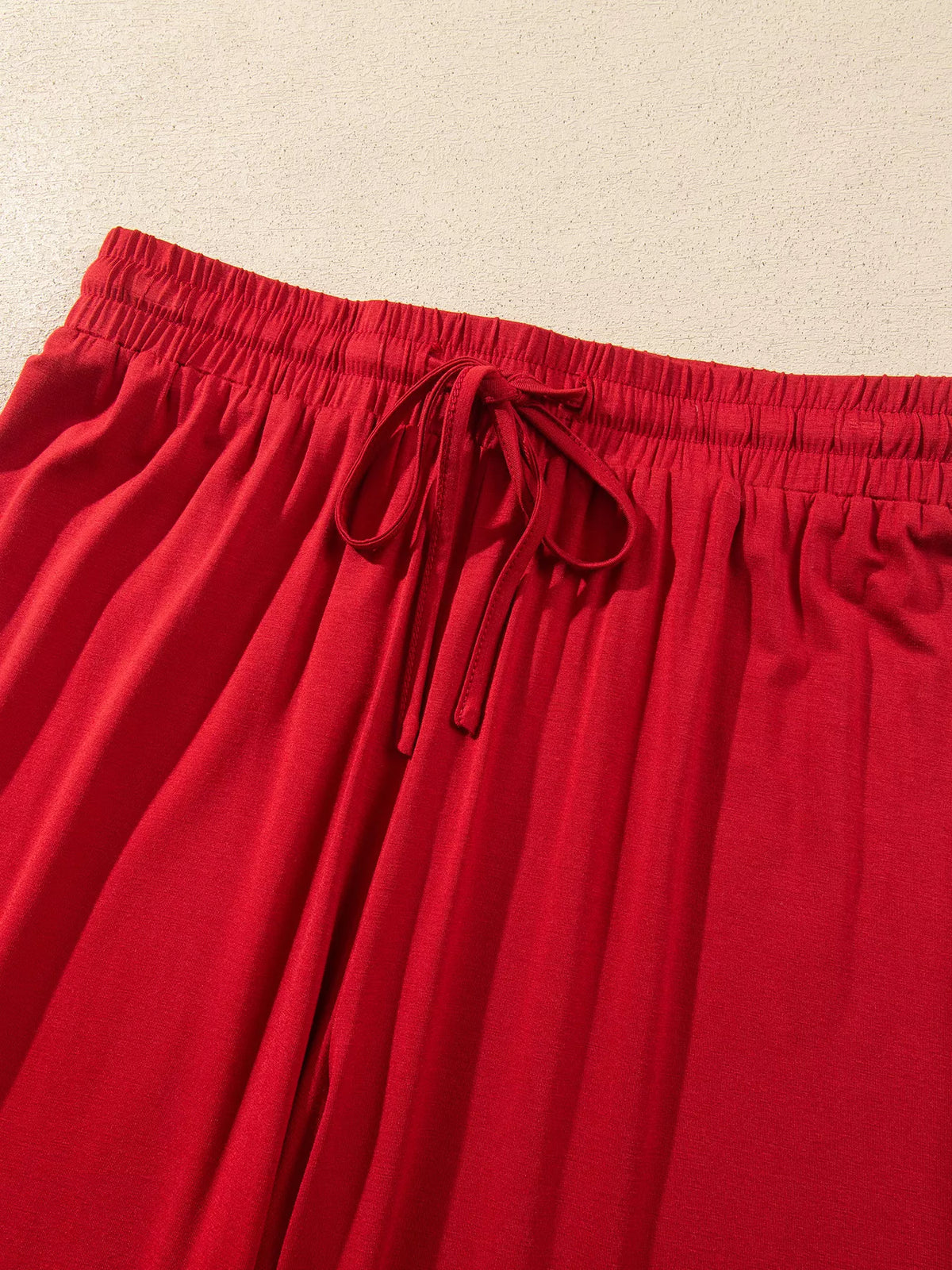 Bow Pocket Long Sleeve Pajama Set in Deep Red