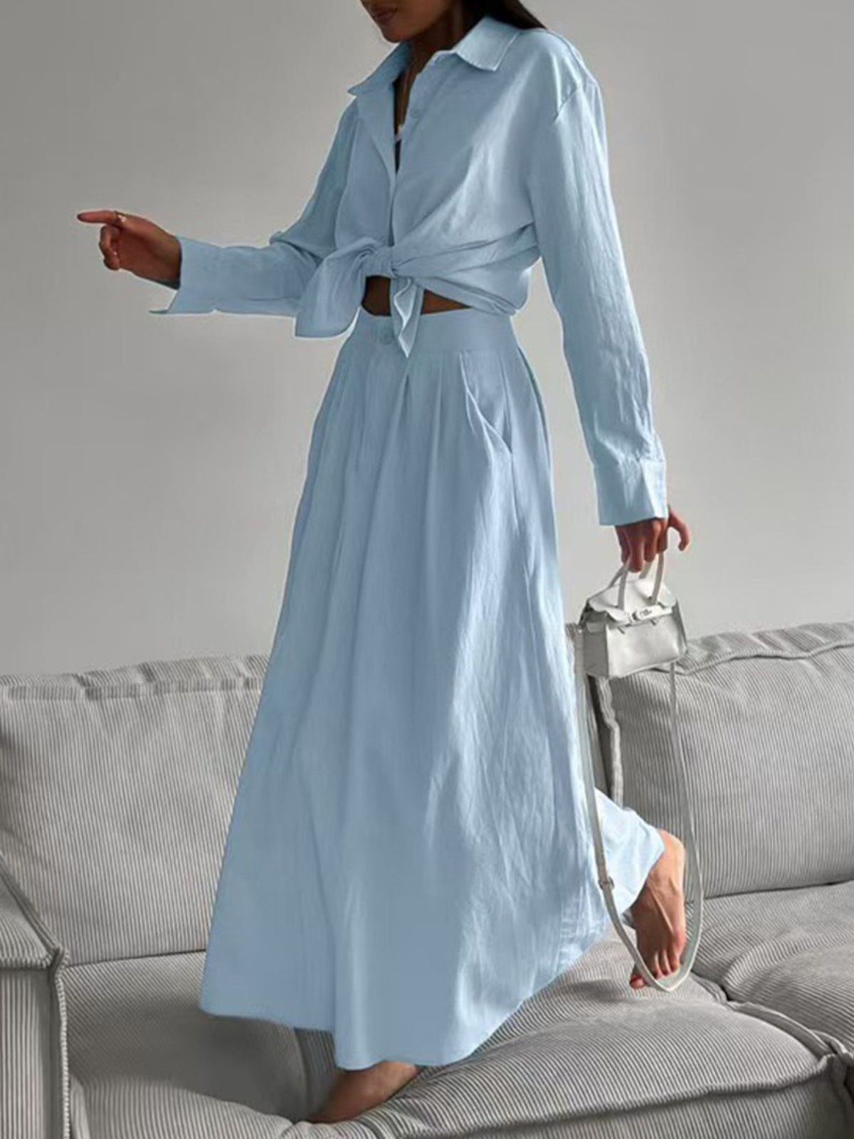 Tie-Front Shirt and Maxi Skirt Set in Light Blue