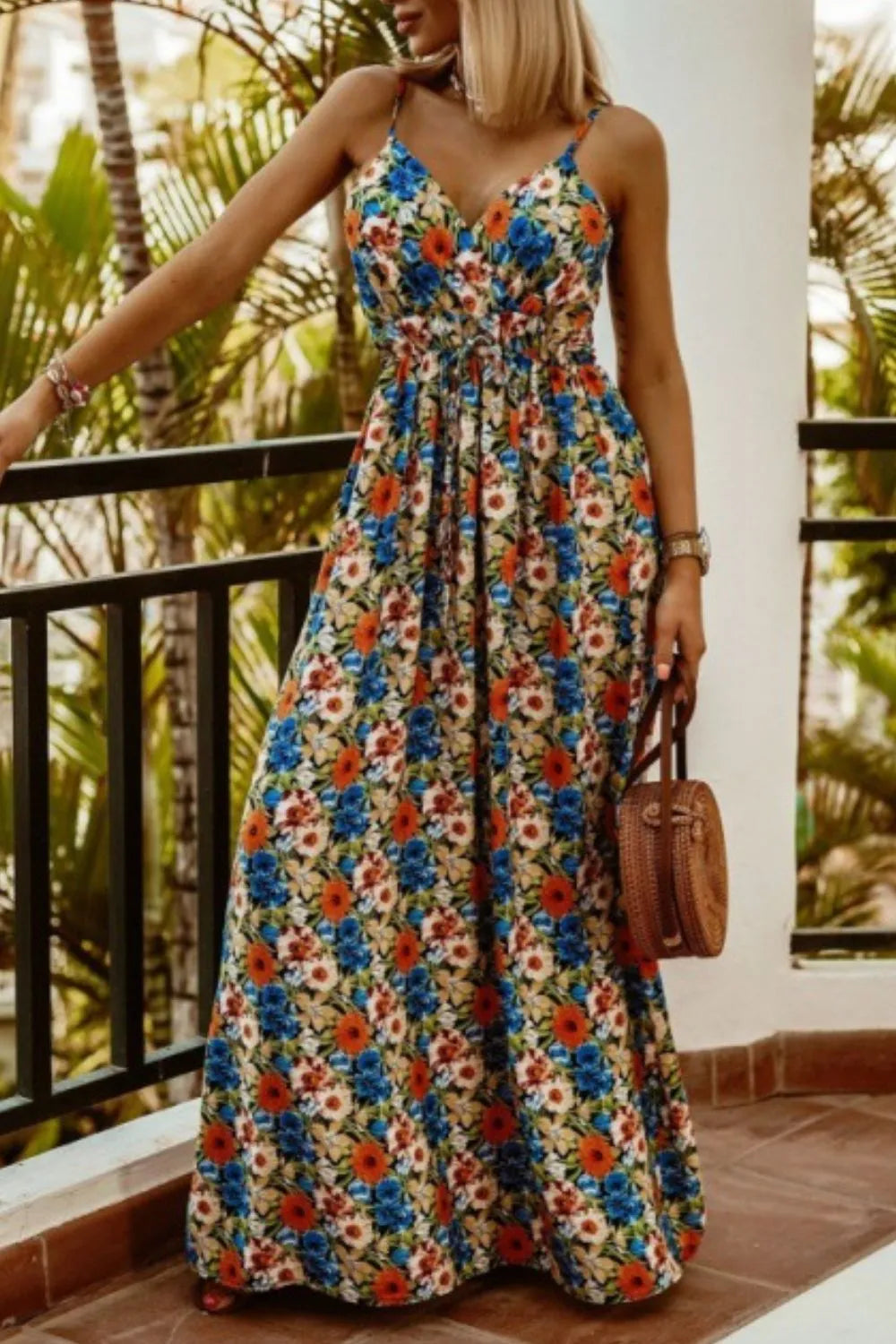 Smocked Spaghetti-Strap Printed Maxi Dress
