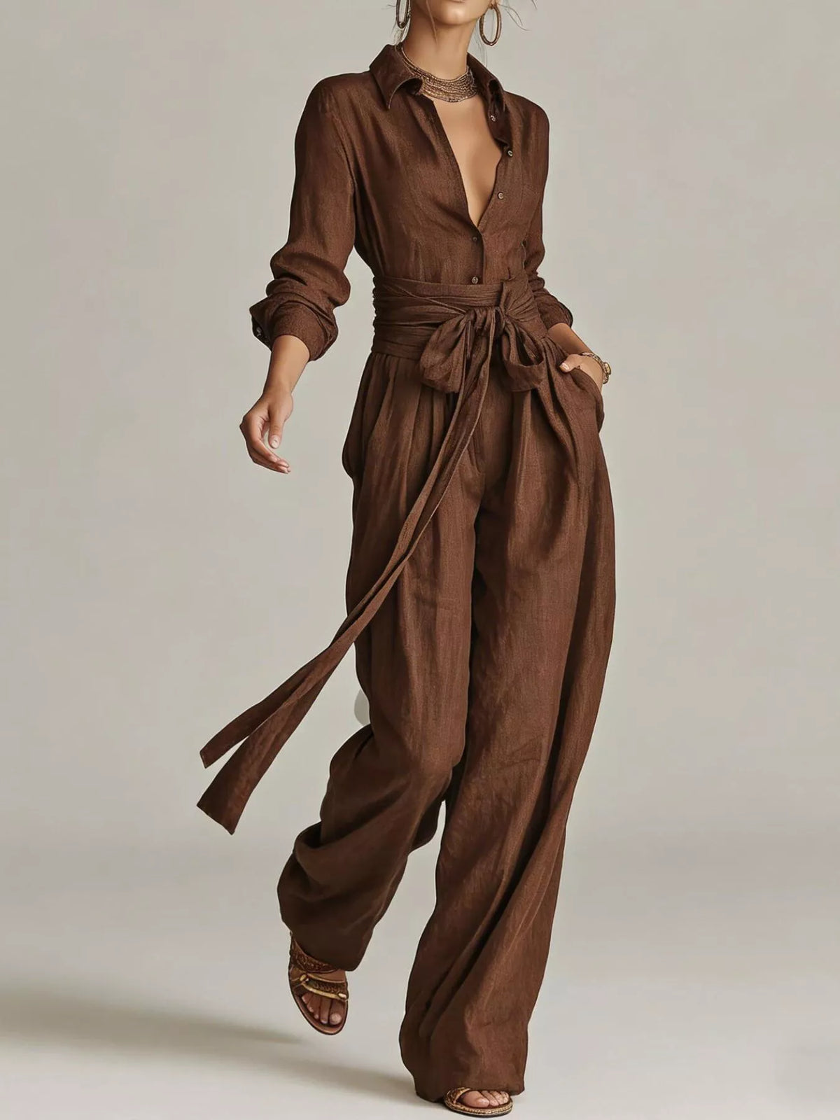 Long-Sleeve Button-Down Waist-Tie Jumpsuit