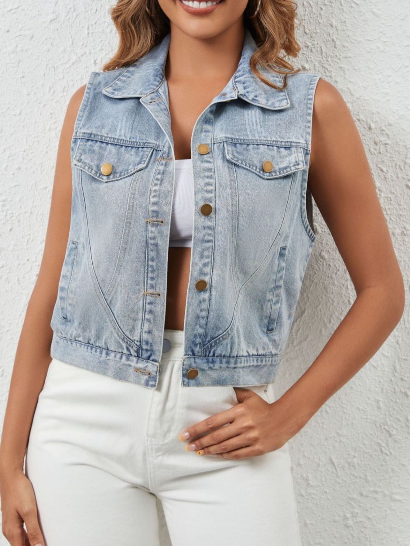 Sleeveless Button-Up Denim Jacket in Light Blue