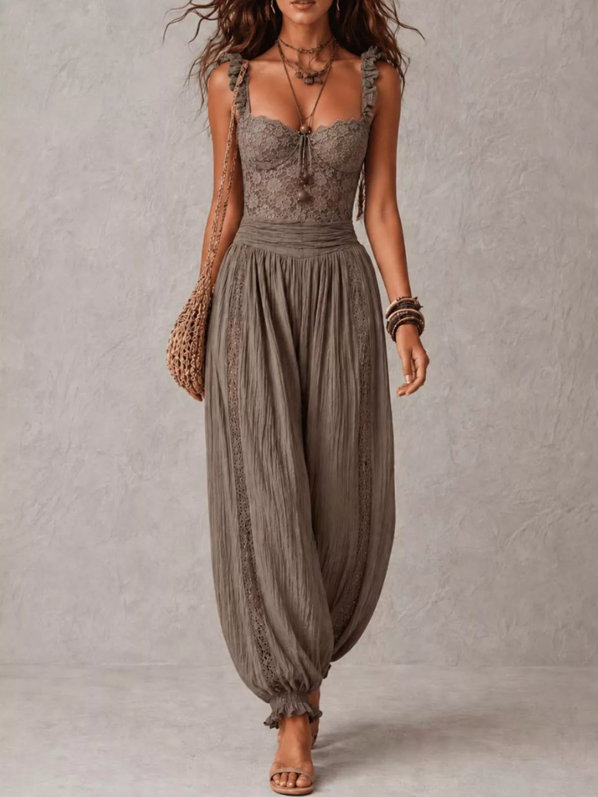 Boho Lace Corset Jumpsuit with Harem Pants