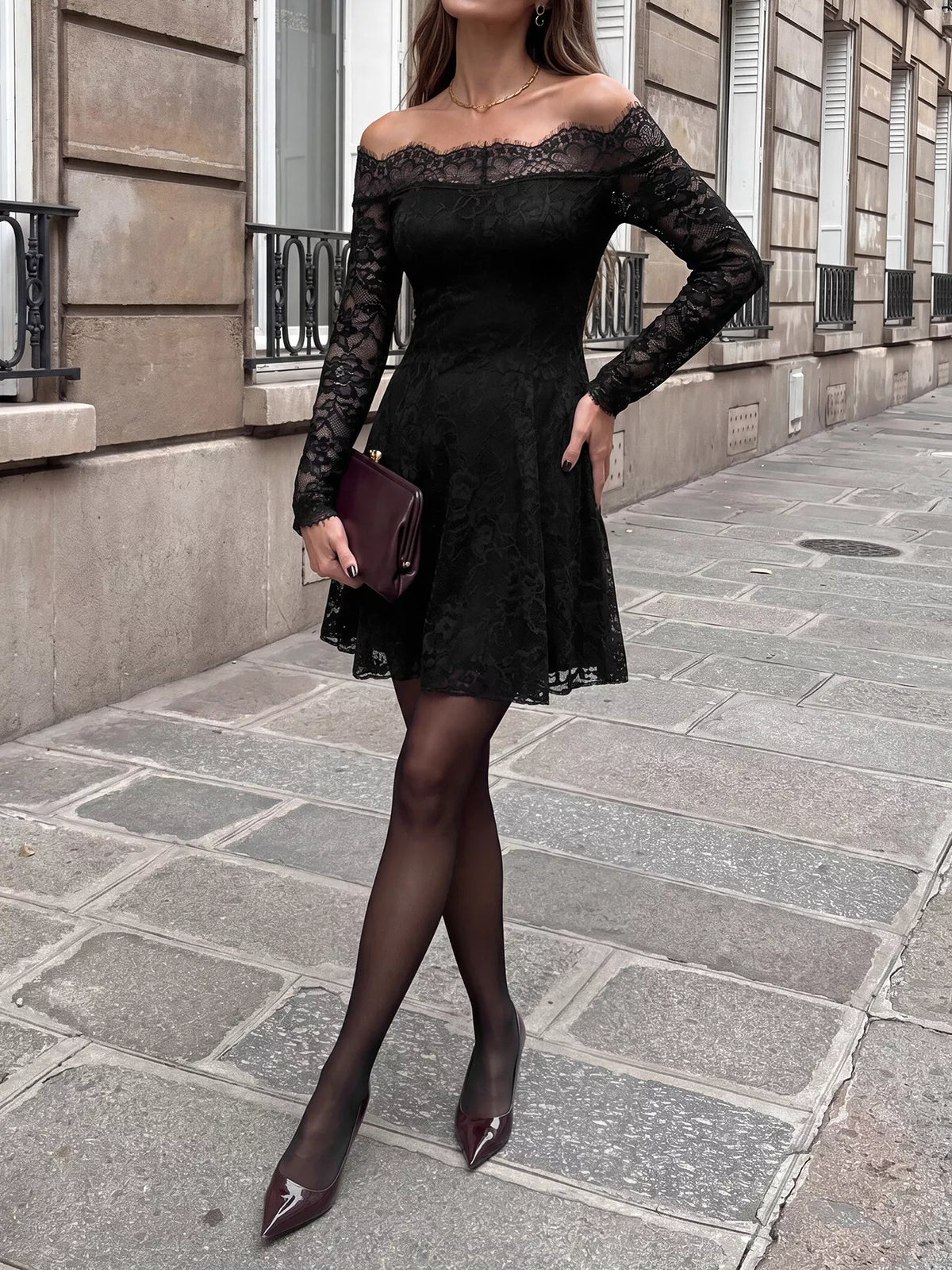 Lace Off Shoulder Mini Dress in Black