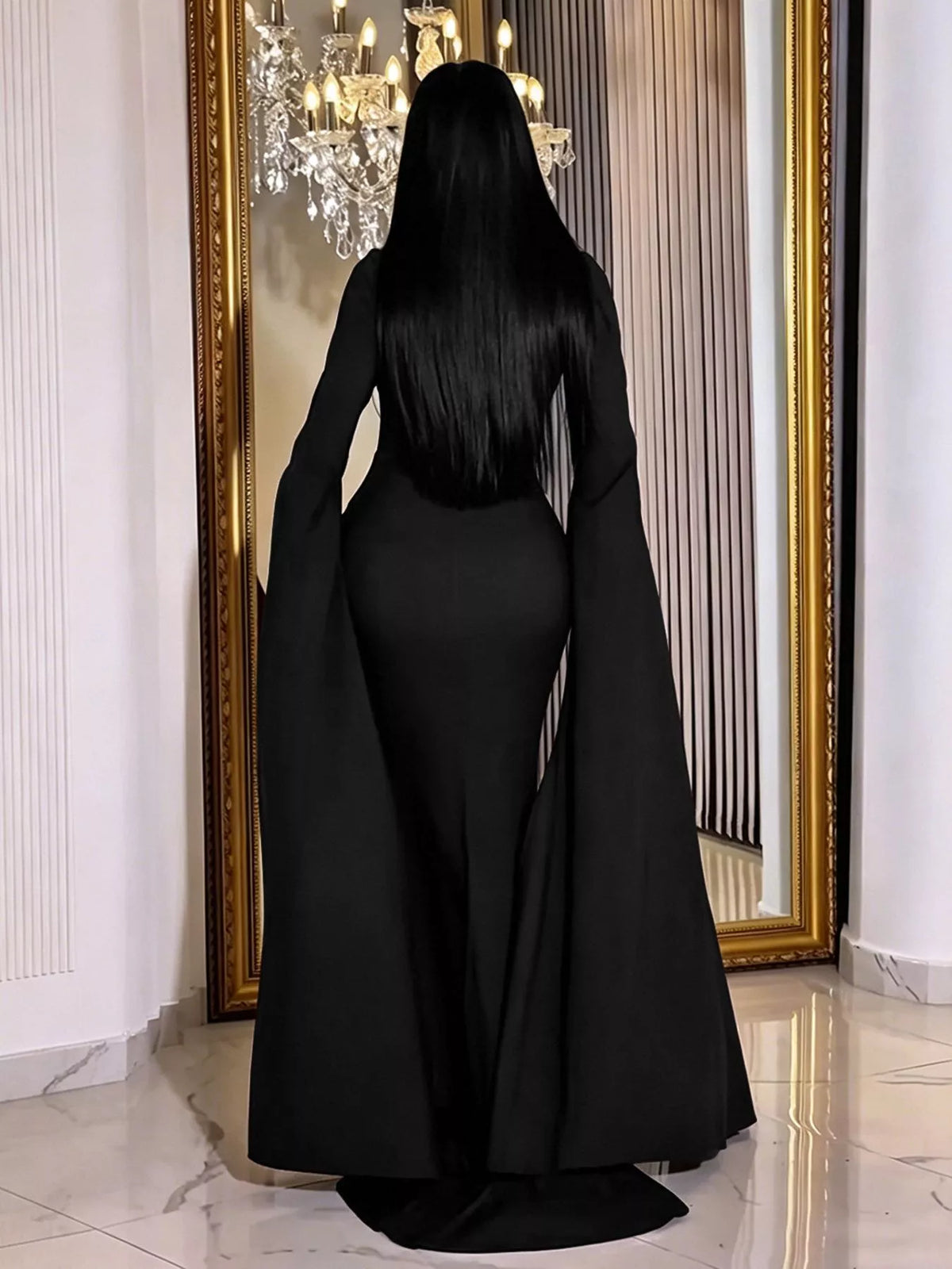 Rhinestone Cape Sleeve Maxi Dress in Black