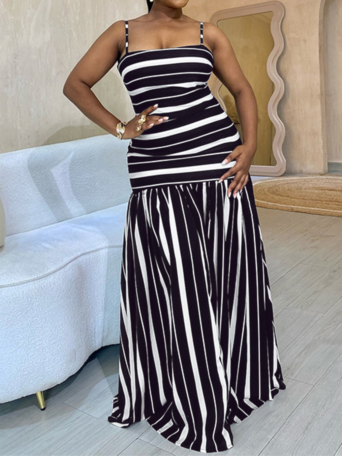 Plus Size Striped Spaghetti Strap Maxi Dress in Black
