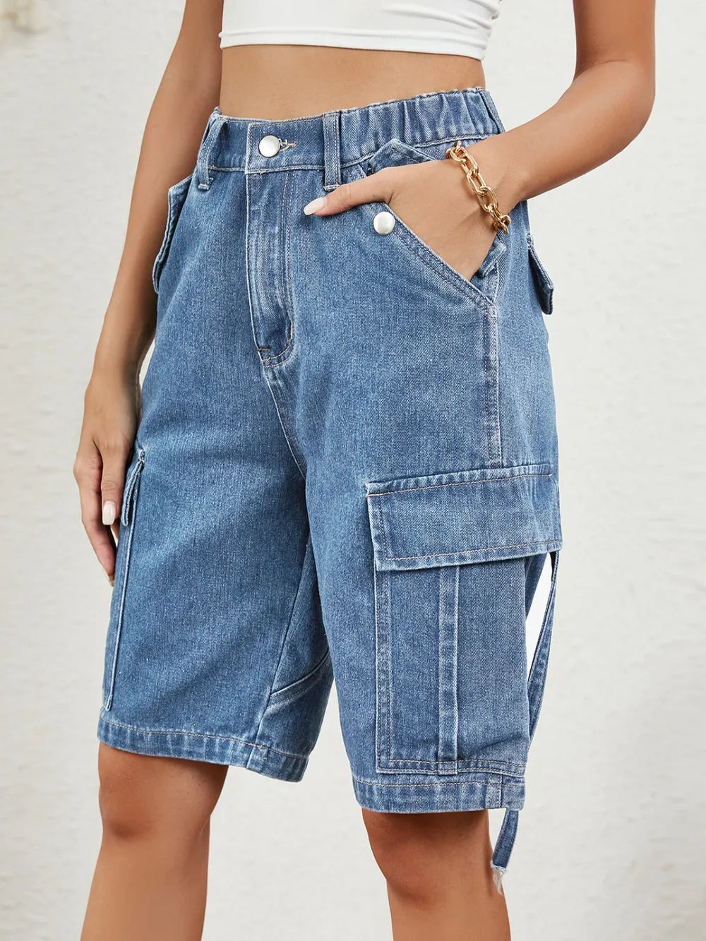 High-Waisted Pocket Denim Shorts by Manny