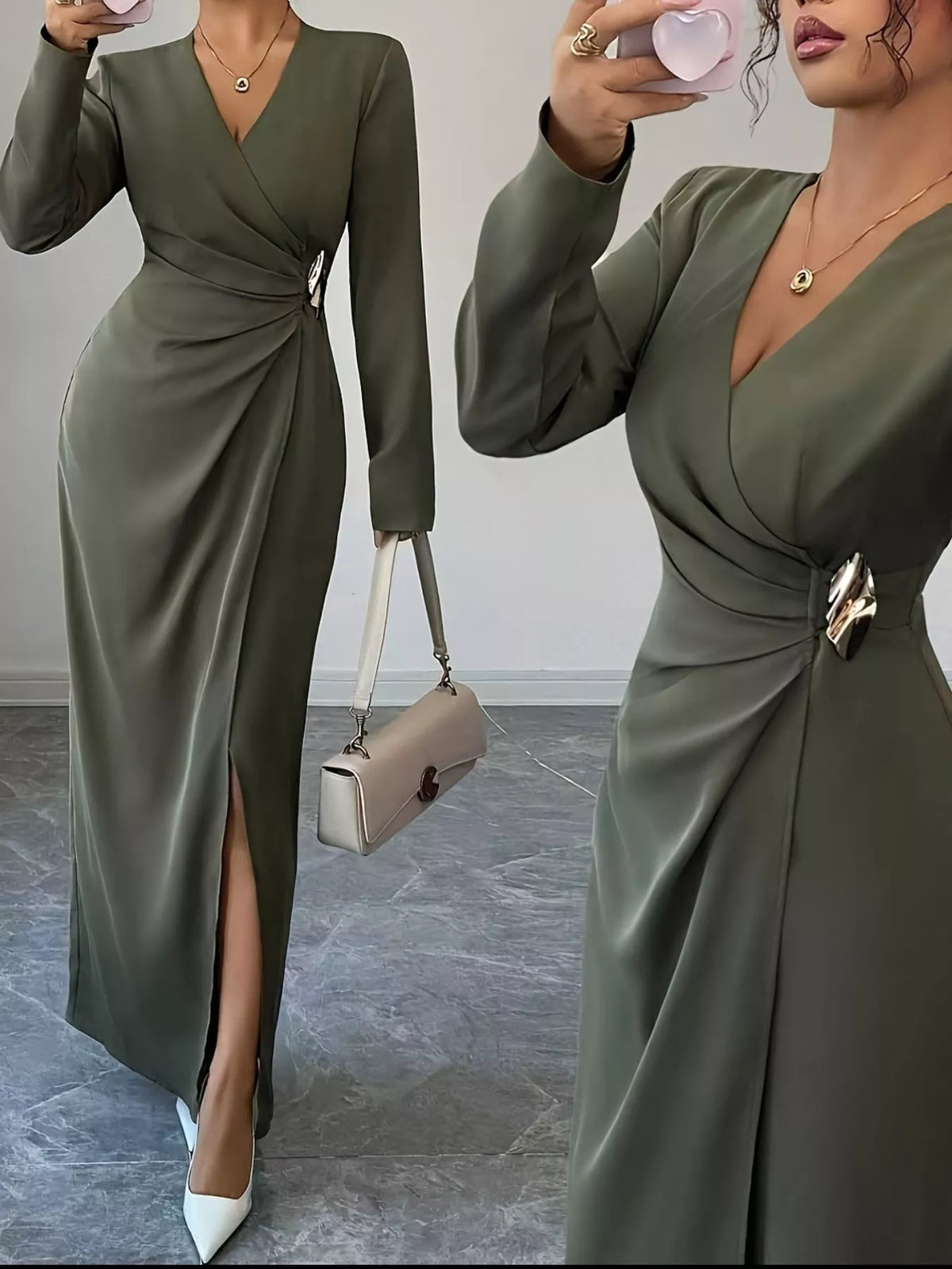 Ruched Slit Surplice Maxi Dress in Olive