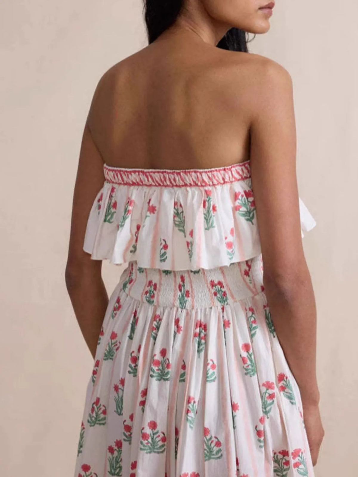 Floral Strapless Ruffle Dress in White