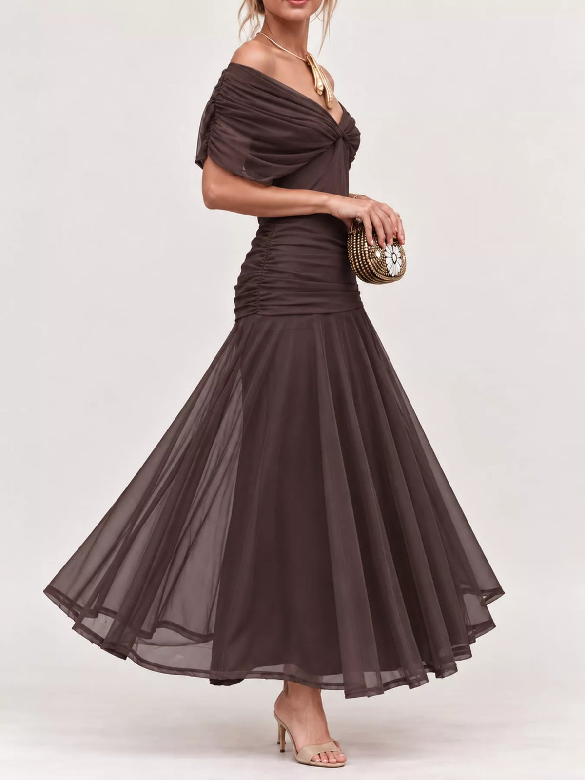 Off-Shoulder Ruched Tulle Evening Maxi Dress