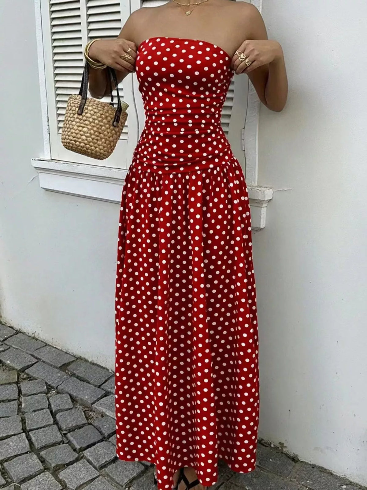 Strapless Polka Dot Ruched Maxi Dress