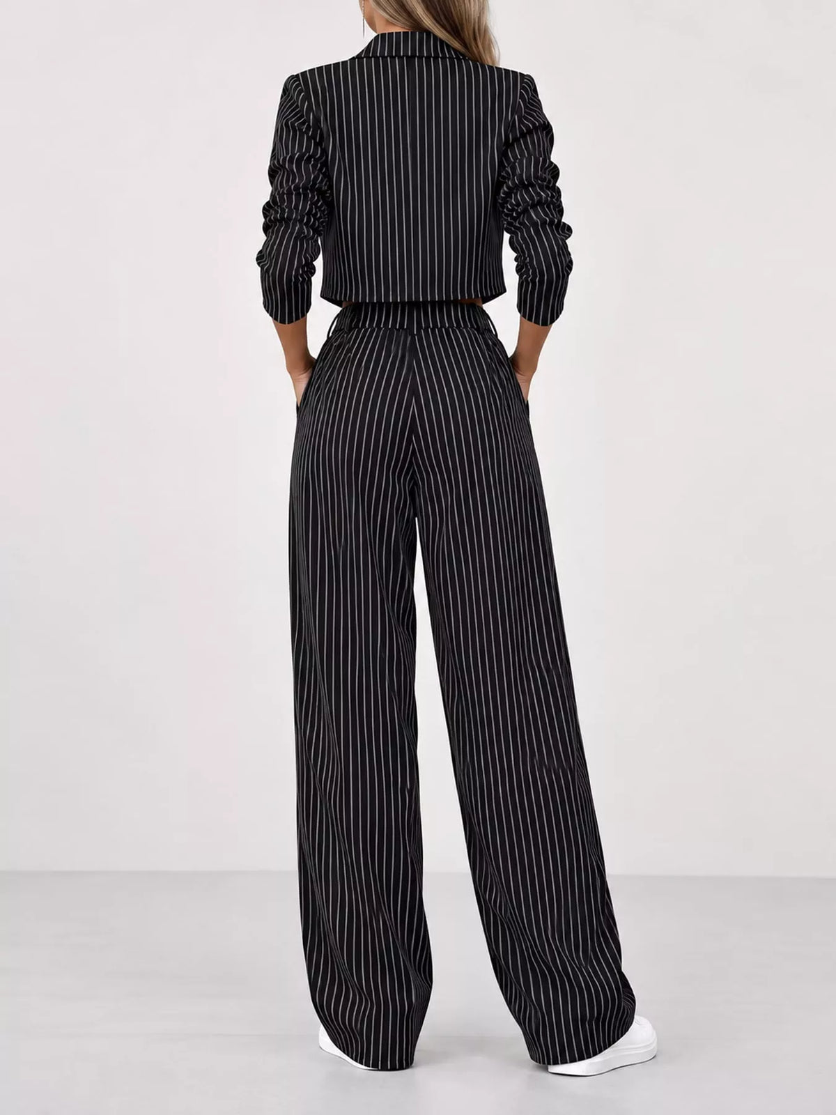Cropped Striped Blazer and Wide-Leg Pants Set
