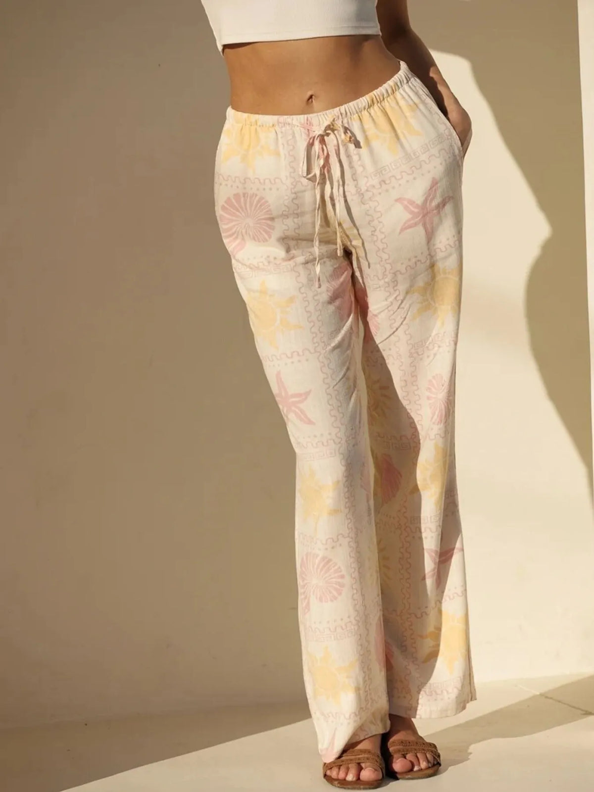 Printed Drawstring Straight Pants in Apricot