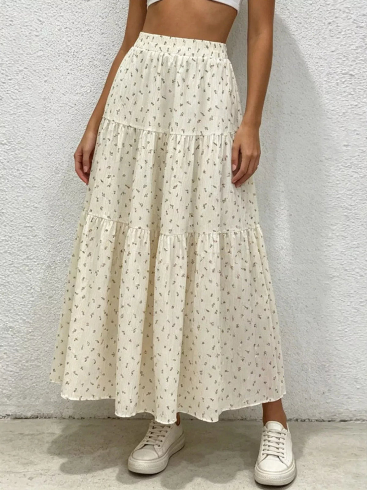 Beige Floral Print Tiered Maxi Skirt