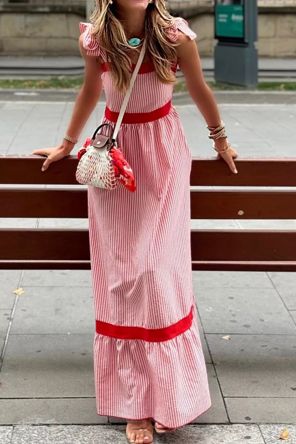 Striped Bow-Strap Ruffle Hem Maxi Dress in Dusty Pink