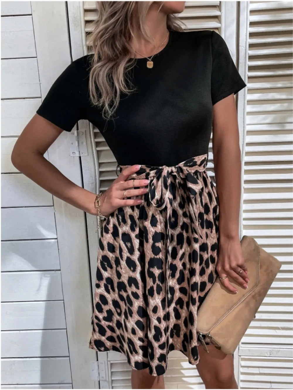 Tied Front Leopard Print Short Sleeve Mini Dress