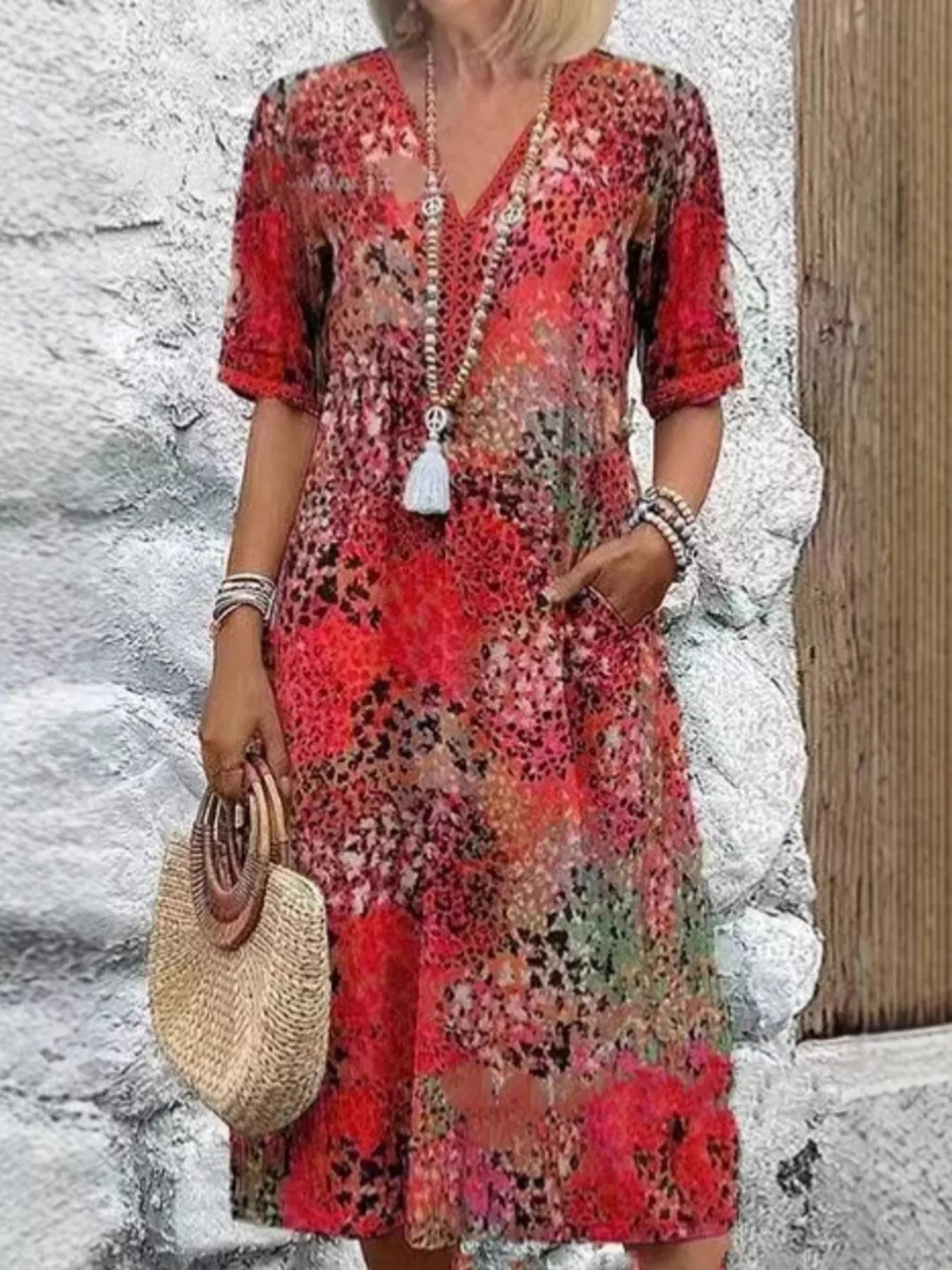 Printed V-Neck Half Sleeve Dress