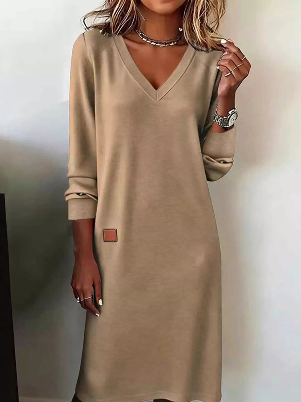 V-Neck Long Sleeve Midi Dress