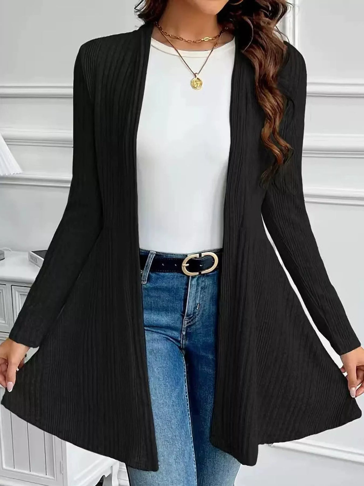 Ribbed Knit Open-Front Cardigan