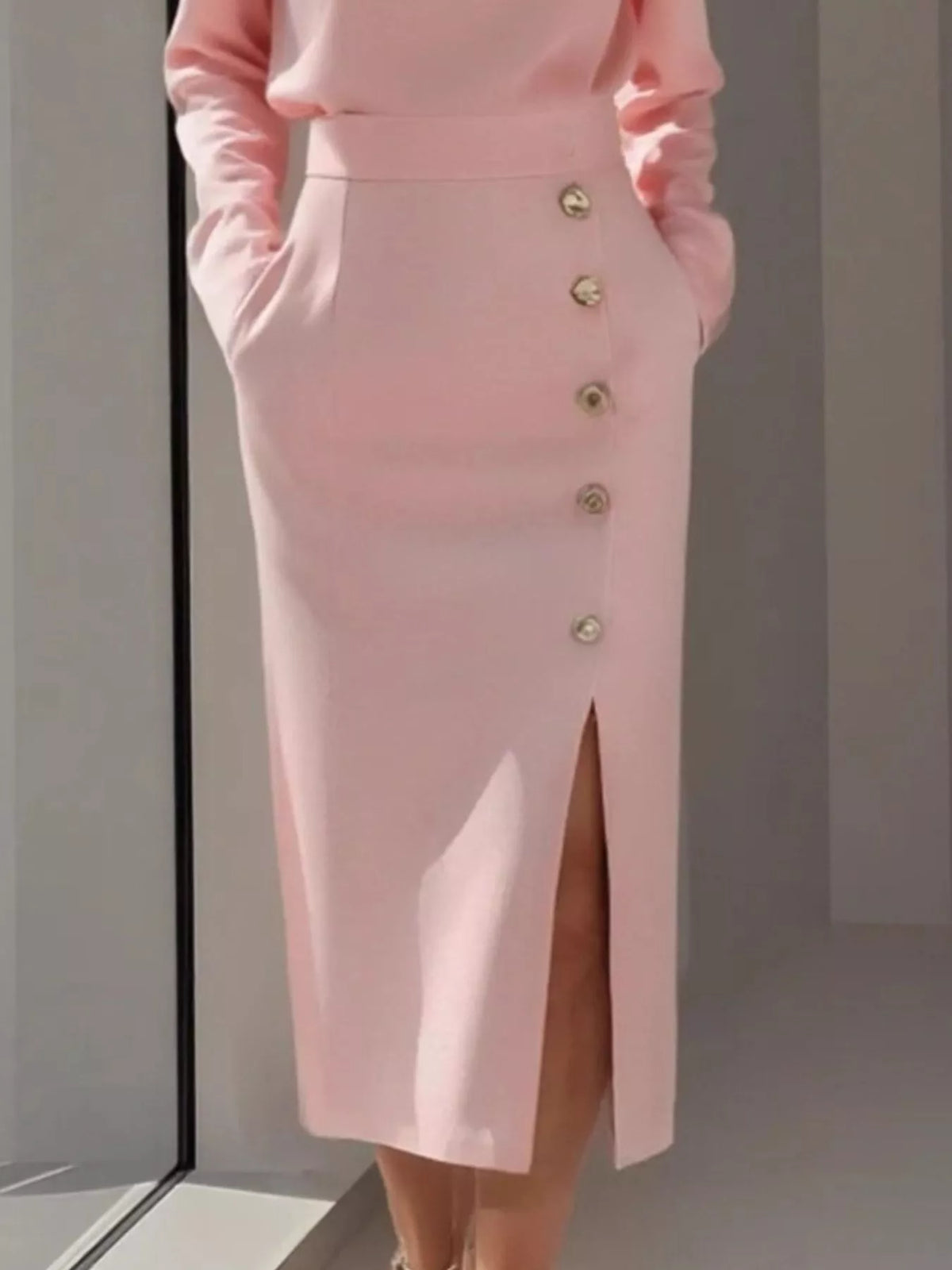 Button Detail Midi Dress with Side Slit