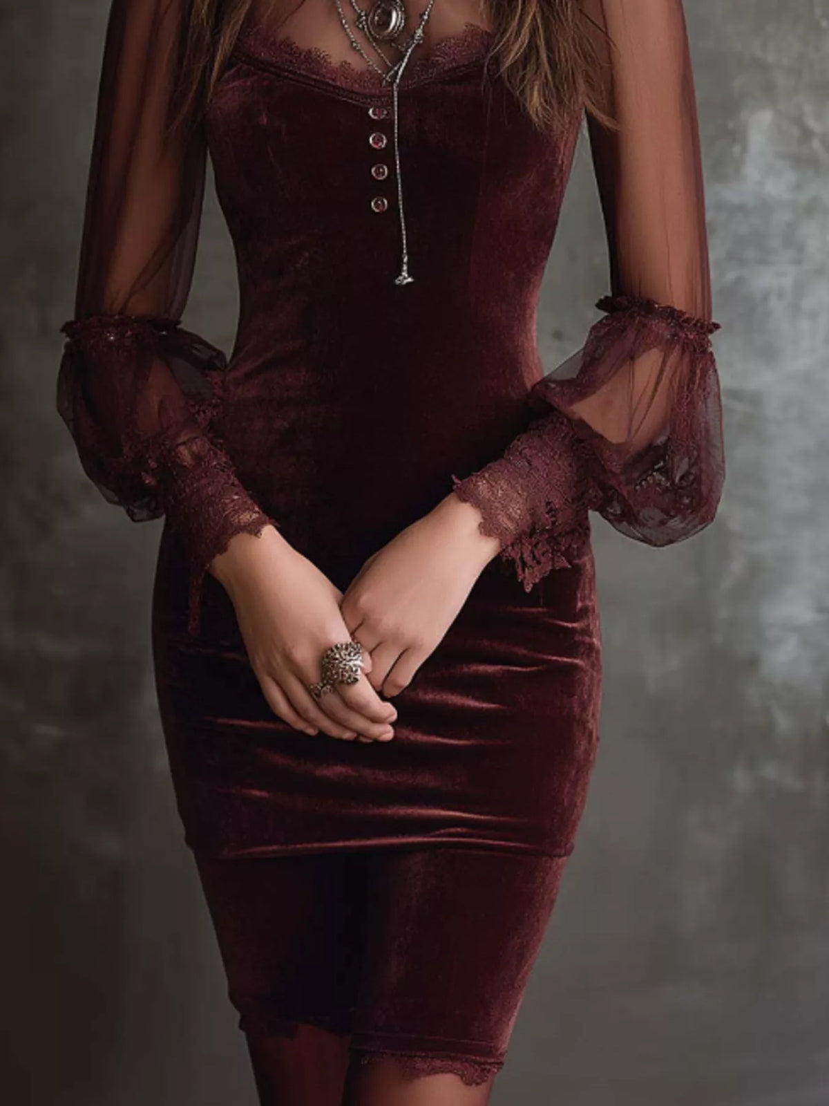 Velvet Mesh Long Sleeve Bodycon Dress in Wine Red