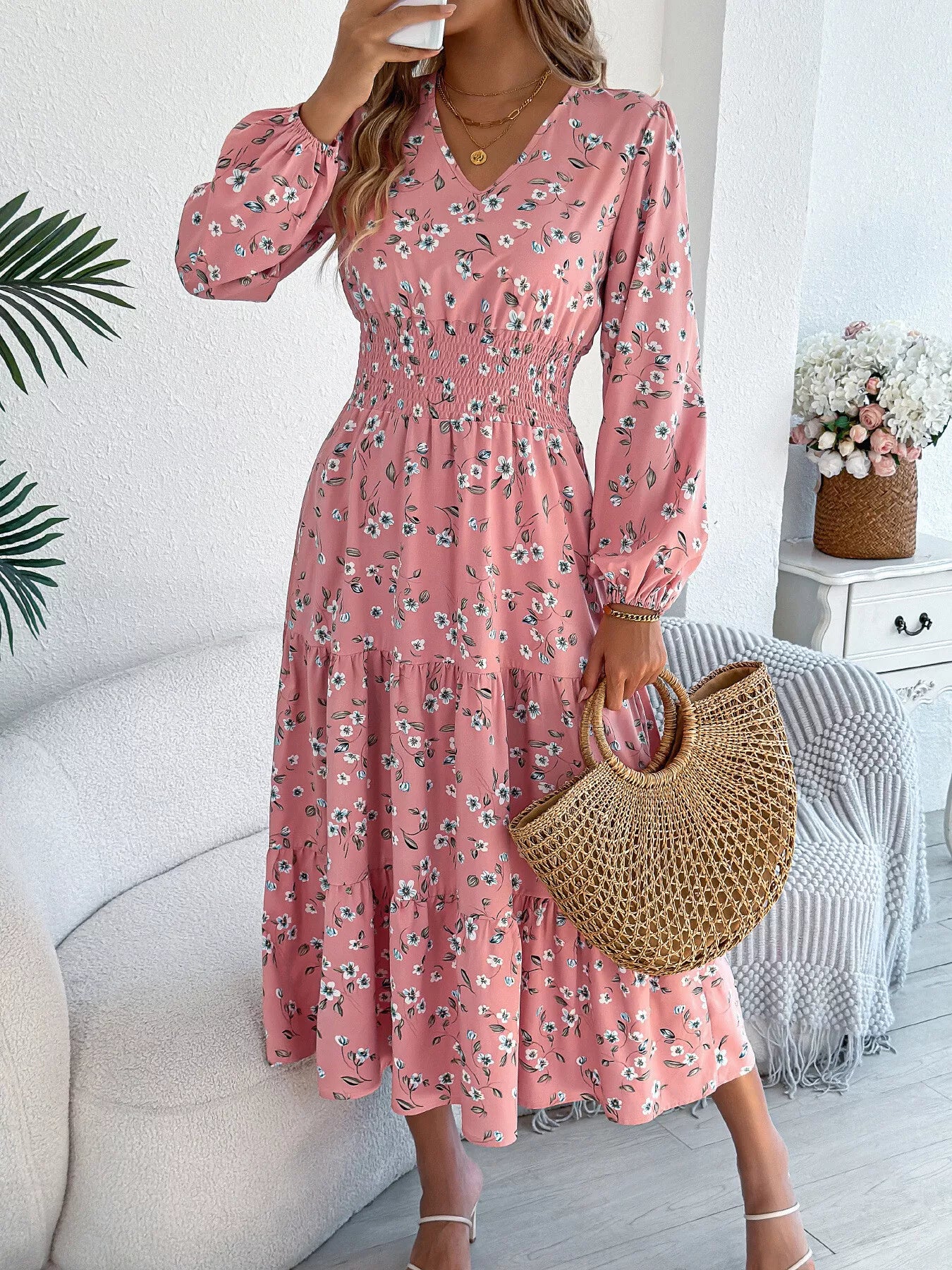 Floral Print Tiered Midi Dress