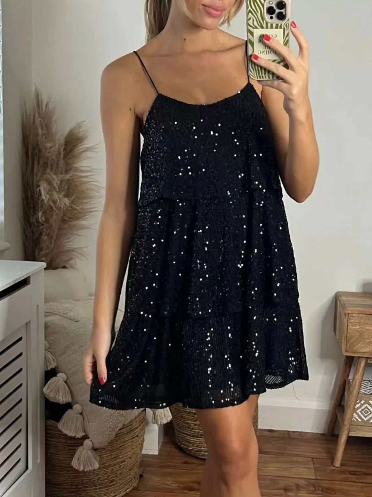 Sequin Tie-Shoulder Mini Dress