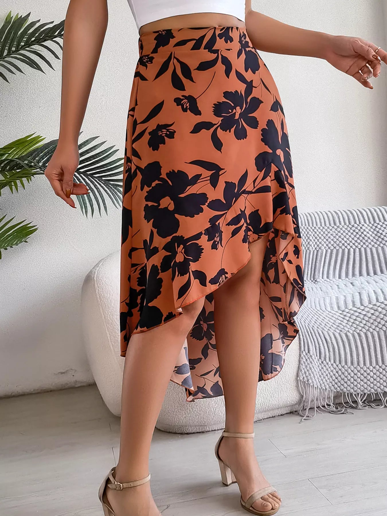 Floral Ruffle Hem Asymmetrical Skirt