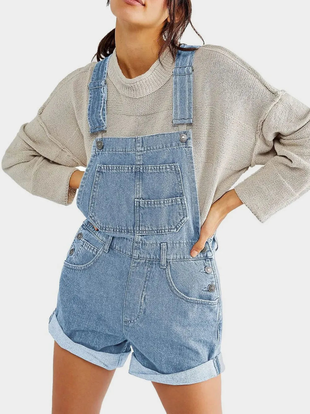 Square Neck Wide Strap Denim Overalls in Light Wash by Dreamy Drapes